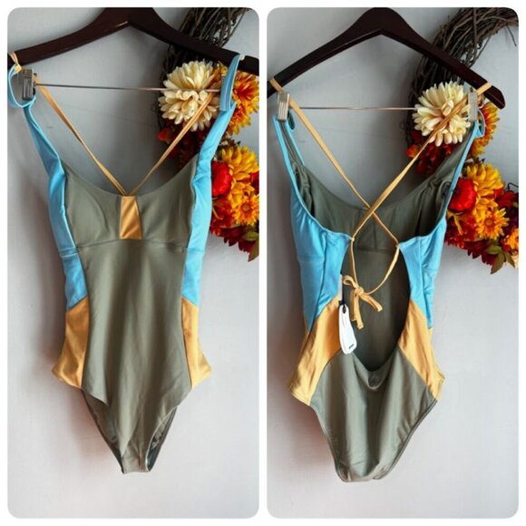 prAna TULUM Womens One-Piece Swimsuit MEDIUM in Sweet Agave Color Block - Picture 1 of 7